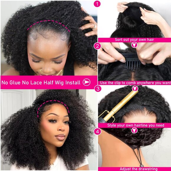 Kinky Curly Human Hair Half Wig 16 Inch 3 In 1 Headband Glueless Curly Wig - Picture 5 of 7